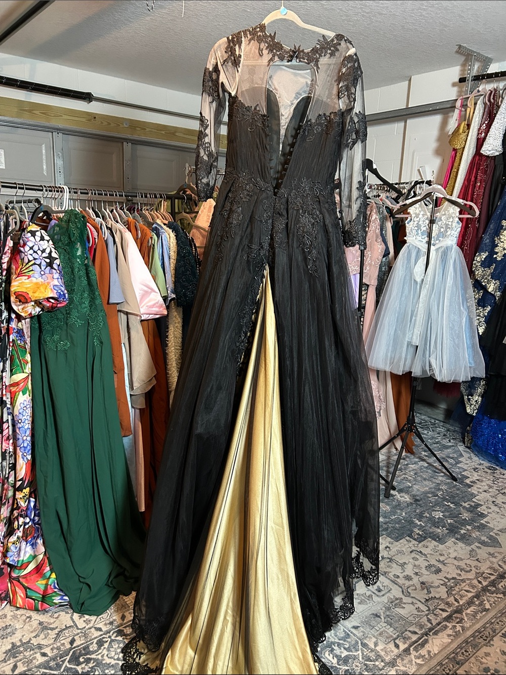 Elegant Black and Gold Lace Overlay Evening Gown